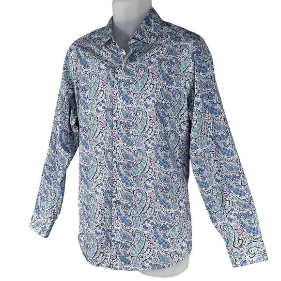 70s Psychedelic Blue Purple Paisley Long Sleeve Mens Button Up Shirt Italy Woven - Picture 9 of 15